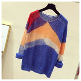 Color-block Knitted Sweater Women Fashion Thin Section Long-sleeved Loose Hollow Lazy Sweater Pullover Female
