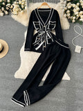 Fashion Sweater Two Pieces Sets Ladies Long Sleeve Knit Cardigan+Wide Leg Long Pant Sets Women OL Loose Knitted