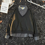 And Winter Wearing Black Ash Splicing Colliding College Style Cardigan Sweater Over The Couple Niche Oversize Knitwear