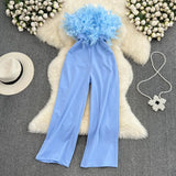 Women Elegant Long Jumpsuits Strapless Slash Neck Feather Tube Top Sexy Fashion Party Night Evening 2023
