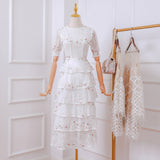 Layer Ruffles Lace Maxi Dress Runway Summer Women White Floral Embroidery Long Dress Hollow Out Cake Party