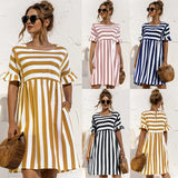 2021 Summer New Fashion O Neck Women's Dress Casual Loose Solid Short Sleeve Ruffle Patchwork Pocket Ladies Stripe