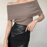 Retro Sexy Shoulder Repair Slimming Paper Pieces Knitted Vest T-Shirt Blouse Short Short
