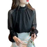 Chiffon Shirt Women's Design Sense Niche Standing Collar Mesh Shirt 2025 Spring And Fall Vintage Hong Style