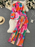 Female Fashion Print Two Pieces Suits Bow Bandage Long Sleeve Tops+Casual Wide Leg Pants Streetwear Autumn Retro