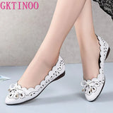 Breathable Genuine Leather Summer Shoes Woman 2021 Flat Low Heel Bowknot Hollow Out Leather Slip On Shoes For Women