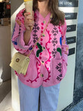 Women's Clothing 2025 New Pink Casual Wind Flowers Long-Sleeved Blouse Single-D Row V-Neck Jacket