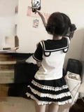 Aesthetic Preppy Short Sleeve T-shirts Contrast Color Salior Collar Sweet Kawaii Tops 2024 Women Fashion All Match Bow