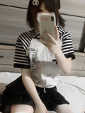 Cartoon Print Kawaii Harajuku Tee Shirts Women Y2k Casual Striped T-Shirt Tops Patchwork Zipper Hooded Gothic