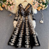 Fashion Embroidered Flower Dress Women V Neck Half Sleeve Elegant Vintage Dot Mesh Patchwork Lace Long