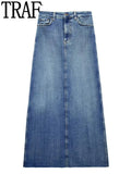 vaquera azul para mujer, falda larga de Jean, Falda de tubo de cintura alta descolorida, Falda Midi deshilachada con abertura,