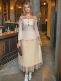 Fashion Temperament Set Women's Spring 2025 New Net Yarn Stitching Design With Long-Sleeved Body Skirt