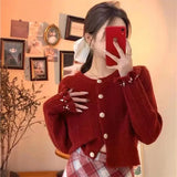 Zingj Version Autumn Winter Gentle Department Lotus Leaf Sleeve Sweet Wind Round Collar Sweater Female Design Feeling Nail Bead Knit Cardigan Jacket Tide-Outfit