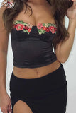 Embroidery Flowers Sleeveless Strap Camis Crop Tops Summer Clubwear Sexy Women Low Cut Push Up Tank Bustiers