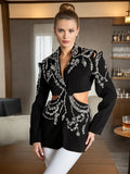 Fashion Temperament Suit Jacket Woman 2025 Spring New Heavy Industry Water Drill Splicing High-End Feel Waist Long-Sleeved
