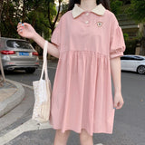Women Harajuku Summer Short Sleeve Kawaii Sweet Girls Midi Dresses Holiday Chic A-line Popular Loose Lapel Soft