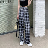 Plaid Pants Women Korean Fashion Black White Checked Trousers For Female Fall 2022 Wide Leg