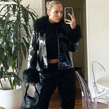 2021 Autumn Winter PU Leather Cropped Jackets Women Black With Fur Faux Long Sleeve Fashion Y2K Brown Coat Turn Down