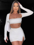 Backless Women Sexy Skirt Sets Black 2022 Autumn Long Sleeve Crop Top And Mini Skirts Outfits Party Two Pieces Set