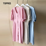 Summer Linen Dress Woman Short Sleeve Slim A-line Mini Dress V-neck Single Breasted vestidos mujer