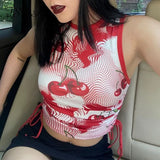 Print O Neck Sleeveless Tank Tops Women Red Bandage 2021 Summer Casual Fashion Vintage Sexy Crop Top