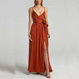 2022 Summer Women Satin Long Dress Spaghetti Strap Sexy Backless Slit Party Maxi Silk Slip