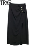 Black Midi Skirt Woman Golden Buttons Long Skirts For Women Fashion 2023 High Waist Slit Skirt Elegant Women's