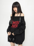 Gothic Sexy Off Shoulder Knitted Jumpers Grunge Jacquard Sweater Fashion Knitwear Y2k Aesthetic Slash Neck