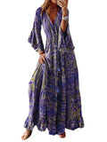 Zingj Bohemian Horn Sleeve Print V-Neck High-Waist Holiday Dress Floral Dress-Outfit