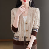 Zingj Spring And Autumn New V-Neck Sweater Coat Female Foreign Style Jacquard With A Small Loose Knit Cardigan-Outfit