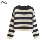 Women Fashion Color Matching Striped Short Knitting Sweater Female Chic Long Sleeve Hollow Out Loose Pullover Tops