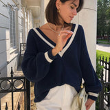 Women V Neck White Casual Preppy Style Korean Long Sleeve Jumpers Ladies High Street 2021 top Autumn Winter