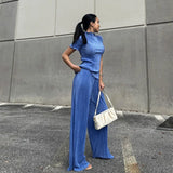 Zingj 2023 Summer New Thin T-Shirt High Waist Blue Pleated Floor Pants Casual Women's Fashion Suit-Outfit
