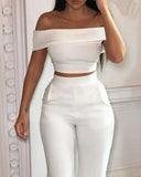 New Style Women Fashion Off Shoulder Short Sleeve Crop Top & High Waist Pants Set Flare Pants Set Sexy