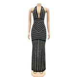 Sexy Black Halter Embelleshied Crystal Maxi Dress Women Backless See Through Bodycon Birthday Clubwear Church