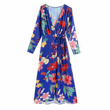 Floral Print High Waist with Belt Women Midi Dress Y2K 2021 Summer Casual Long Sleeve Deep V-neck Bodycon