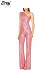 Women Elegant Long Jumpsuits Slanted Collar Party 2023 Sexy Glitter Sequin Club Playsuits Fashion Backless Solid