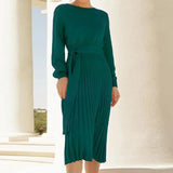 Winter Round Neck Solid Elegant Slim Belt Pleated Sweater Midi Dresses Ladies Waist Wild Knitted Bottomed Casual
