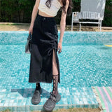 Women'S Long Denim Skirt Vintage High Wasit Drawstring Jeans Skirt Female Black Straight Side Split A-Line Pencil