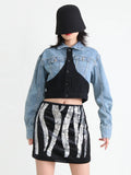 Zingj Vintage Denim Jacket Autumn 2024 New Fashion Lapel Splicing Single Breasted Long Sleeved Short Jacket
