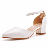 7 Cm Thick Heel Sharp-Headed Hollow Sandals Spring Square Side Light Women's Shoes White Buckle Bride High