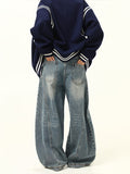 Zingj Washed Machete Design Sense Jeans Men And Women Hip Hop Popular Logo High Street Loose Versatile Wide Leg