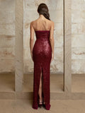 Sequin Strapless Sheer Maxi Dress-Outfit