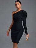 Long Sleeve Bandage Dress Black Bodycon Dress Evening Party Elegant Sexy One Shoulder Birthday Club Outfit 2022 New