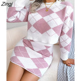 Sweet White cloud printed Two-Piece skirts sets Women's New O Neck Long-Sleeved Loose Sweater with skirts 2 piece