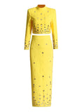 Fashion And Leisure Suit Women 2025 Spring New Diamond Splicing High Sense Two Sets Of Long-Sleeved Skirt