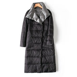 Women Double Sided Down Long Jacket Winter Turtleneck White Duck Down Coat Double Breasted Parkas Warm Snow