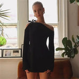 Long Sleeve One Shoulder Ribbon Tie-Up Mini Dress-Outfit