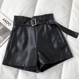 New PU Leather Shorts Women Shorts All-match Sashes Wide Leg Short Ladies Sexy Leather Shorts Autumn