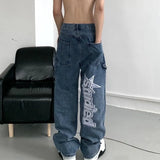 street clothing retro trend pocket jeans female letter star print high waist casual oversized straight pants